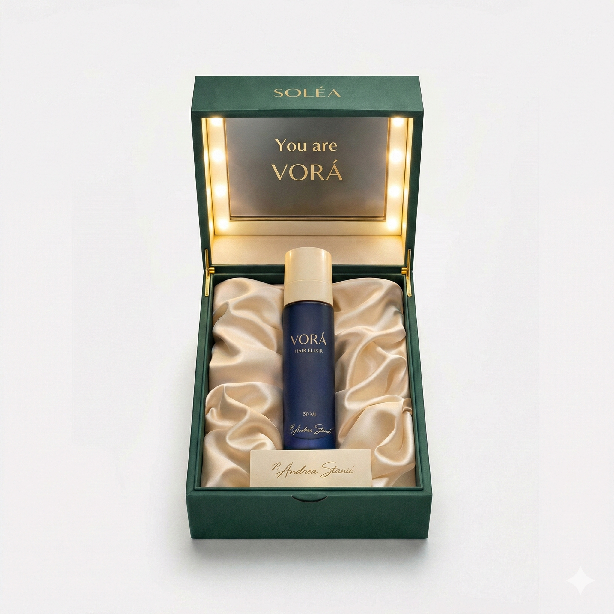 VORÀ Original Hair Elixir in a premium royal blue frosted cylindrical glass bottle with a polished gold pump. Midnight blue background with gold star motifs.